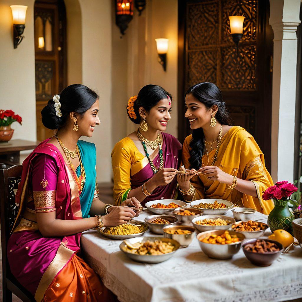 A warm and inviting scene depicting a multicultural couple sharing a traditional South Asian meal, adorned in colorful attire, surrounded by symbols of love such as hearts and floral decorations. The background features a blend of modern cityscape with traditional South Asian architecture, emphasizing harmony between cultures. Soft lighting enhances the romantic atmosphere. vibrant colors. super-realistic.