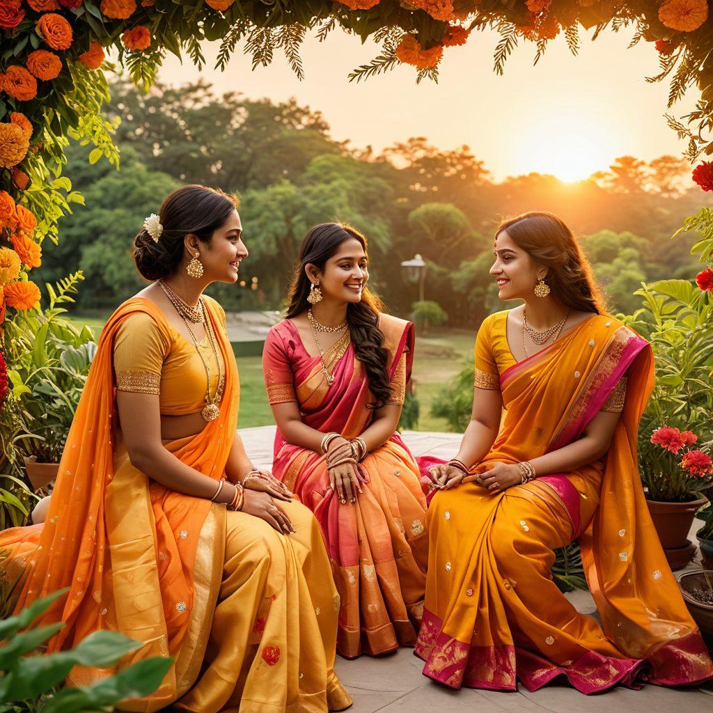 A captivating scene showcasing a diverse group of Indian individuals engaged in a lively and colorful outdoor setting, sharing beauty and lifestyle tips. The individuals should represent various traditional and modern Indian fashion styles, surrounded by vibrant flowers and natural elements, with a picturesque sunset in the background. The atmosphere should exude warmth, charm, and authenticity, symbolizing transformation and connection in dating. super-realistic. vibrant colors. warm lighting.