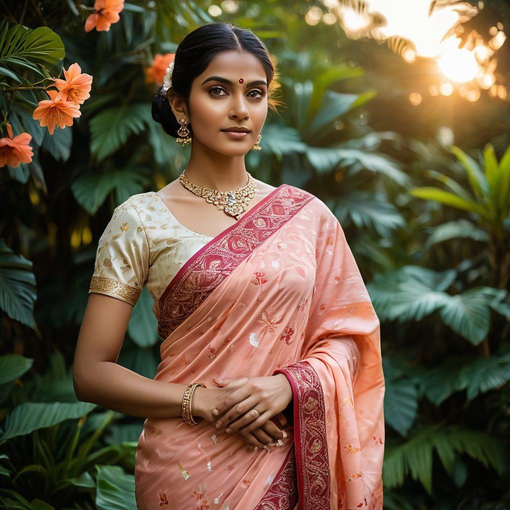 A stunning Indian woman radiating confidence, adorned in a vibrant saree with intricate details. She stands in a lush tropical garden, surrounded by exotic flowers symbolizing beauty secrets, holding traditional beauty products. The background features a soft sunset glow, adding warmth to the image, while elements of modern romance like subtle heart shapes are incorporated in the air. super-realistic. vibrant colors. soft focus.
